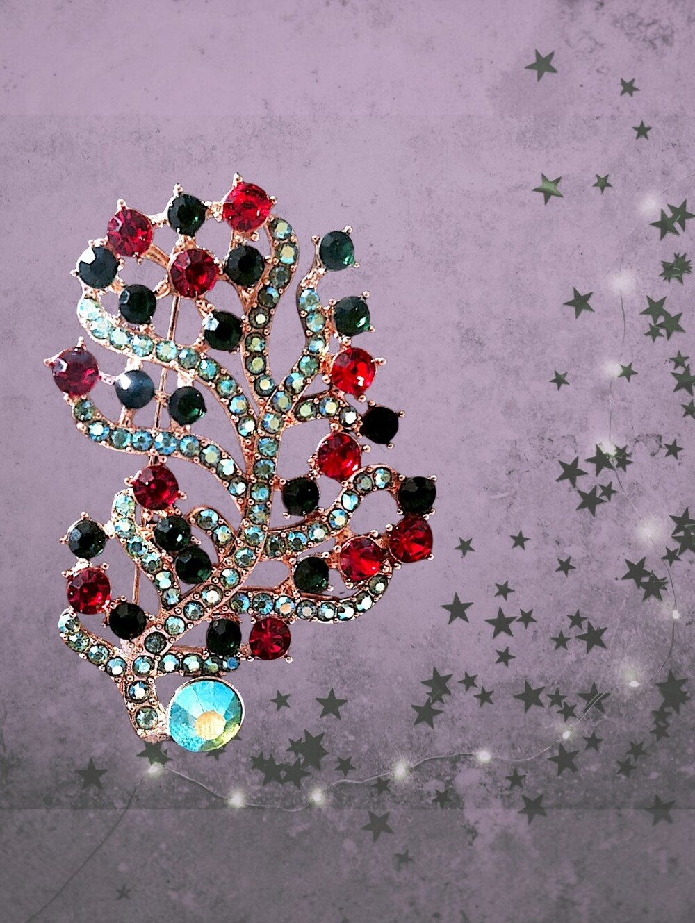 Red & Green Crystal Feather Brooch